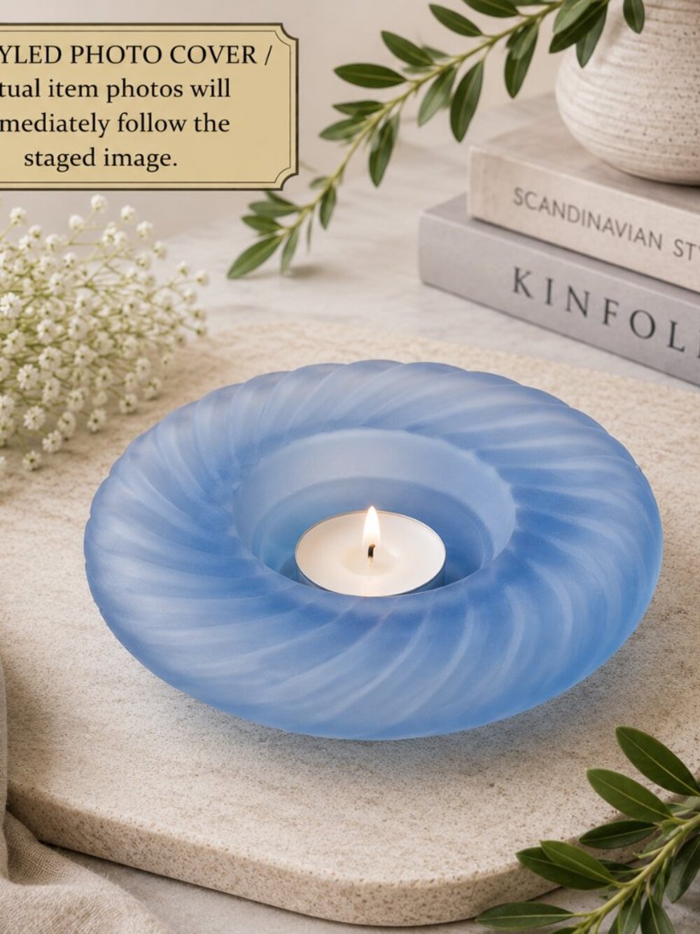 Dansk Art Glass Frosted Blue Candle Holder 6” | Scandinavian Modern